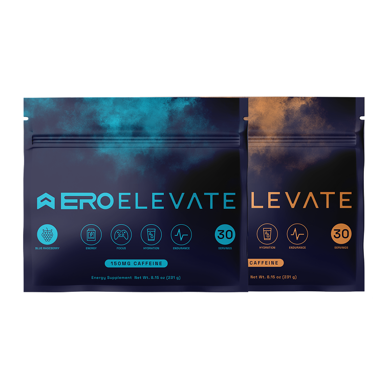 Two energy supplement packages labeled 'Ero Elevate' and 'Elevate' with icons and text.