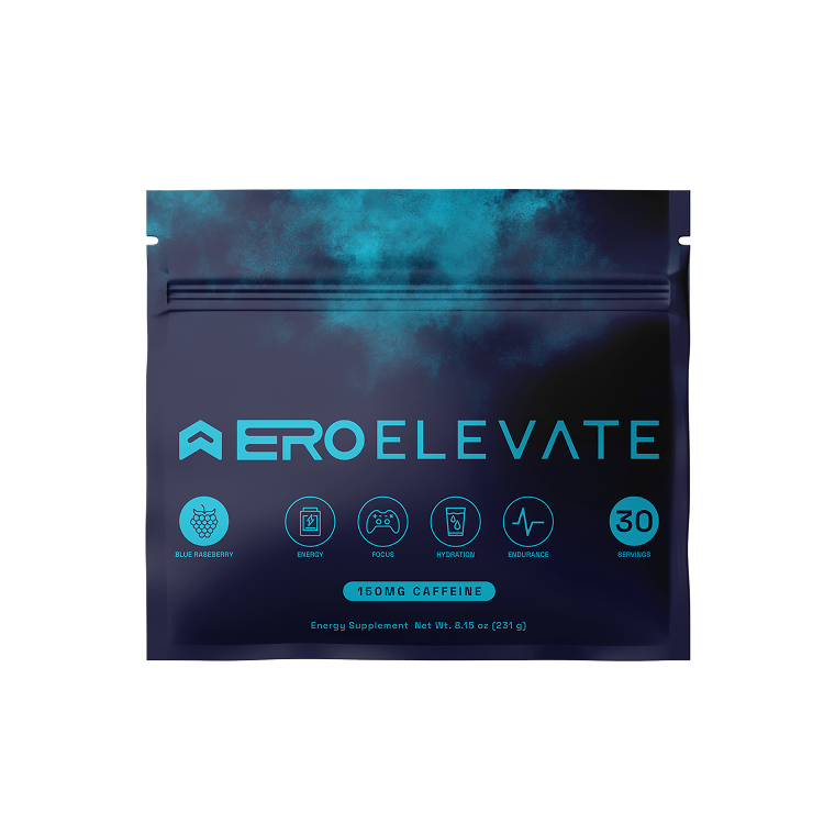 Aero Elevate energy supplement packaging with icons and blue raspberry flavor.