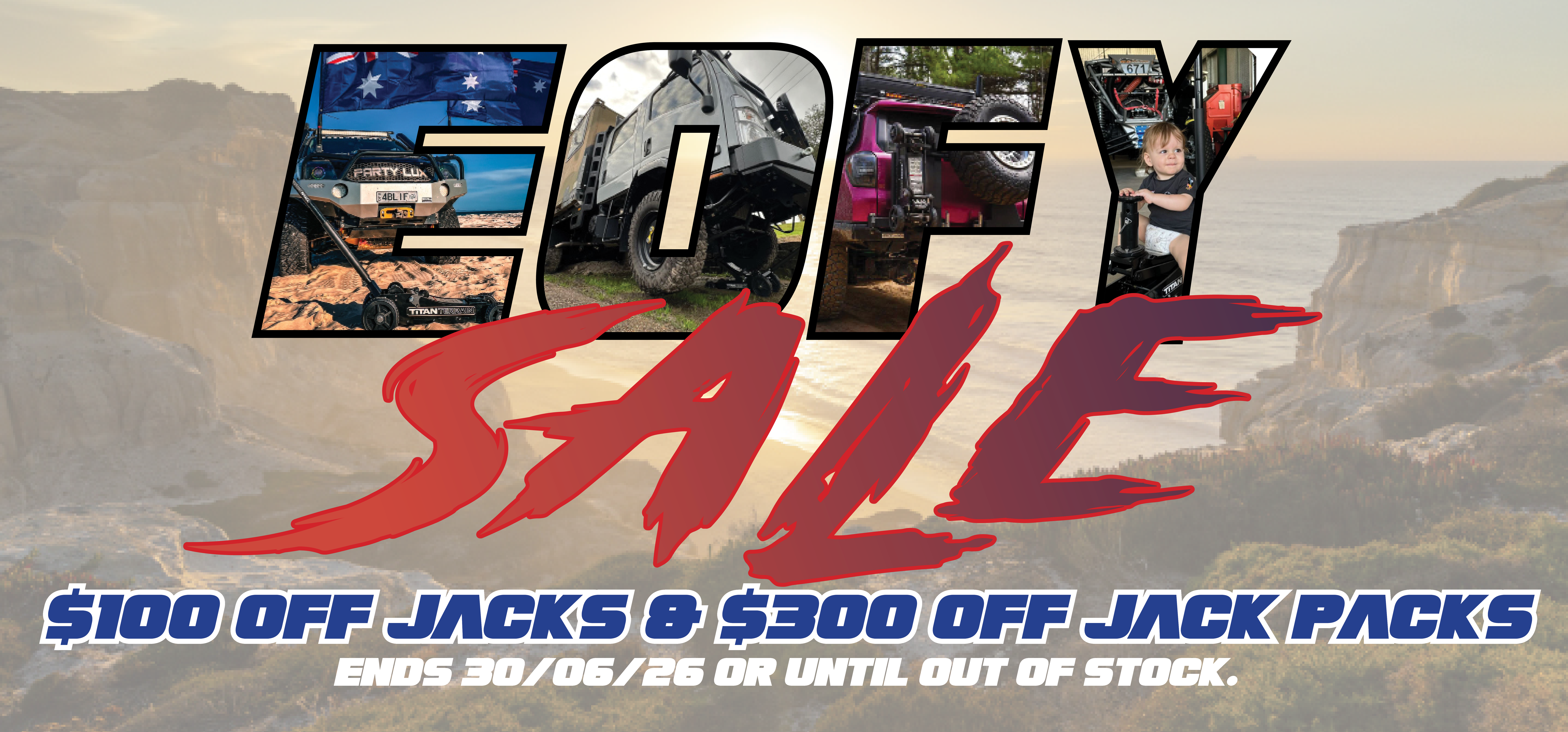 Promotional banner for an EOFY Sale on jacks, featuring images of off-road vehicles and equipment.