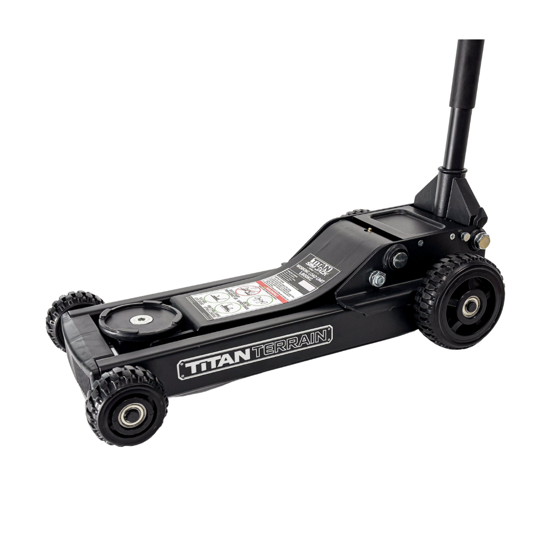 A black Titan Terrain hydraulic floor jack with rugged wheels, shown against a white background.