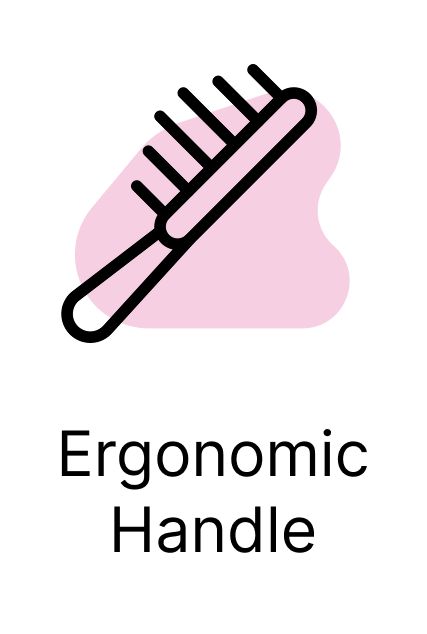 Illustration of a comb with text 'Ergonomic Handle' below.