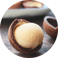 Primer plano de una nuez de macadamia parcialmente abierta sobre una superficie de madera.