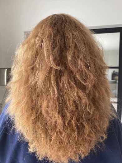 Back view of a person with long, curly, light brown hair.