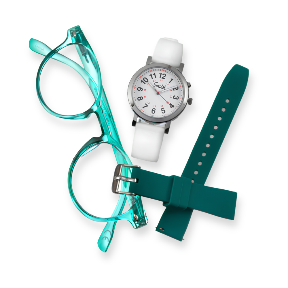 A pair of turquoise glasses, a white wristwatch, and a teal watch strap against a white background.
