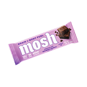 A Mosh Chocolate Brownie Crunch protein bar in a light purple wrapper, shown at an angle.