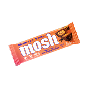 A Mosh Peanut Butter Chocolate Crunch protein bar in its orange and pink wrapper against a white background.
