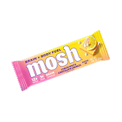 A pink and yellow Mosh protein bar wrapper for the Lemon White Chocolate Crunch flavor.