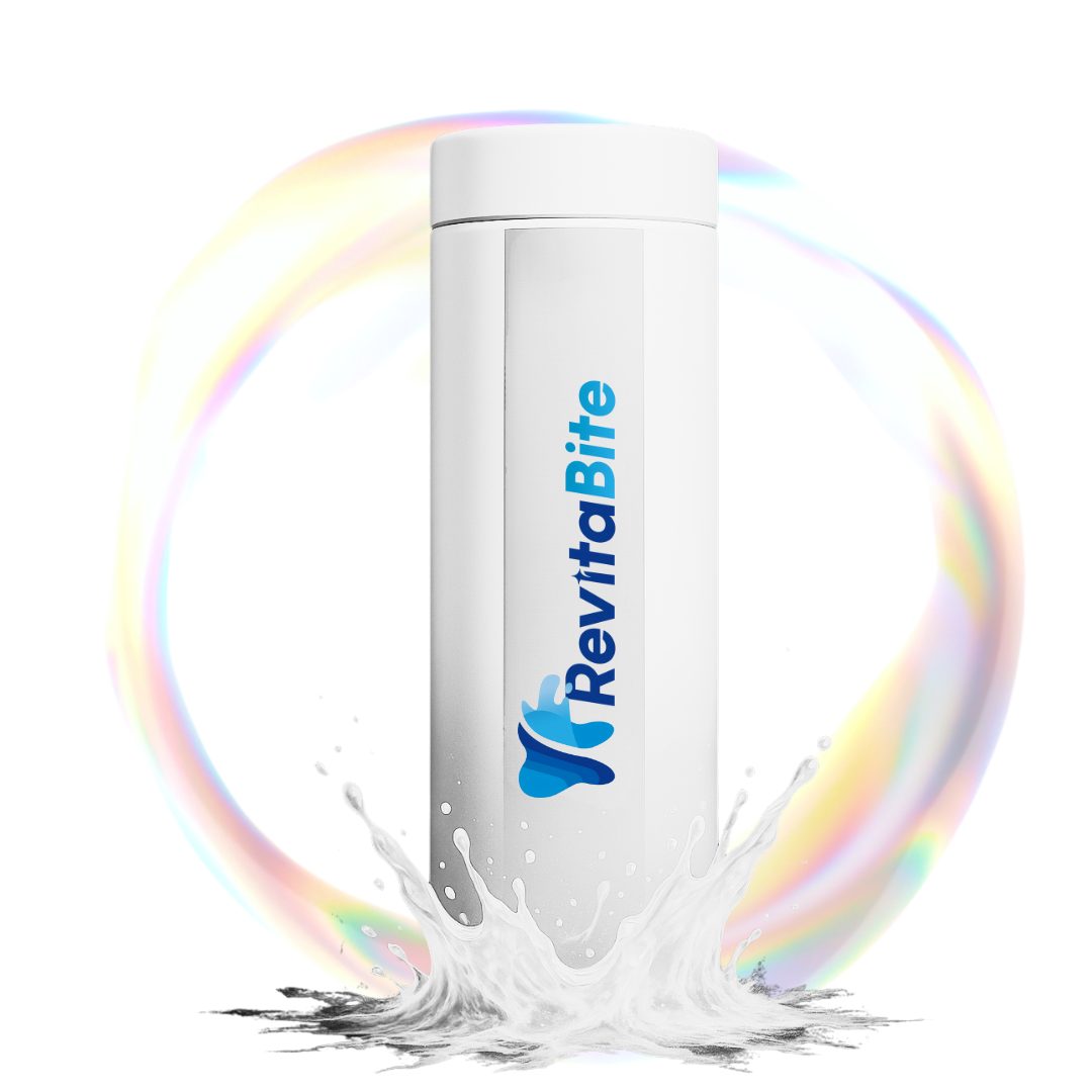 White bottle with 'RevitaBite' logo, surrounded by a splash and rainbow effect.