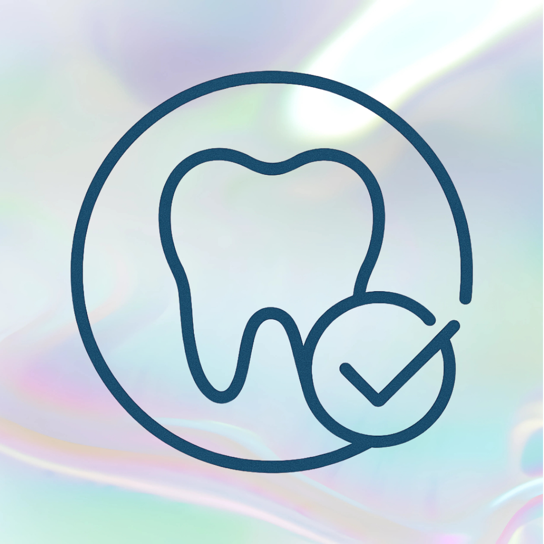 Outline of a tooth with a checkmark on a pastel background.