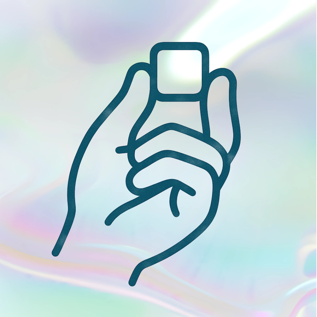 Line drawing of a hand holding a small square object on a pastel background.