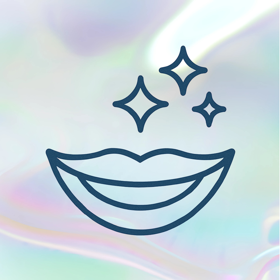 Outline of smiling lips with sparkles on a pastel iridescent background.