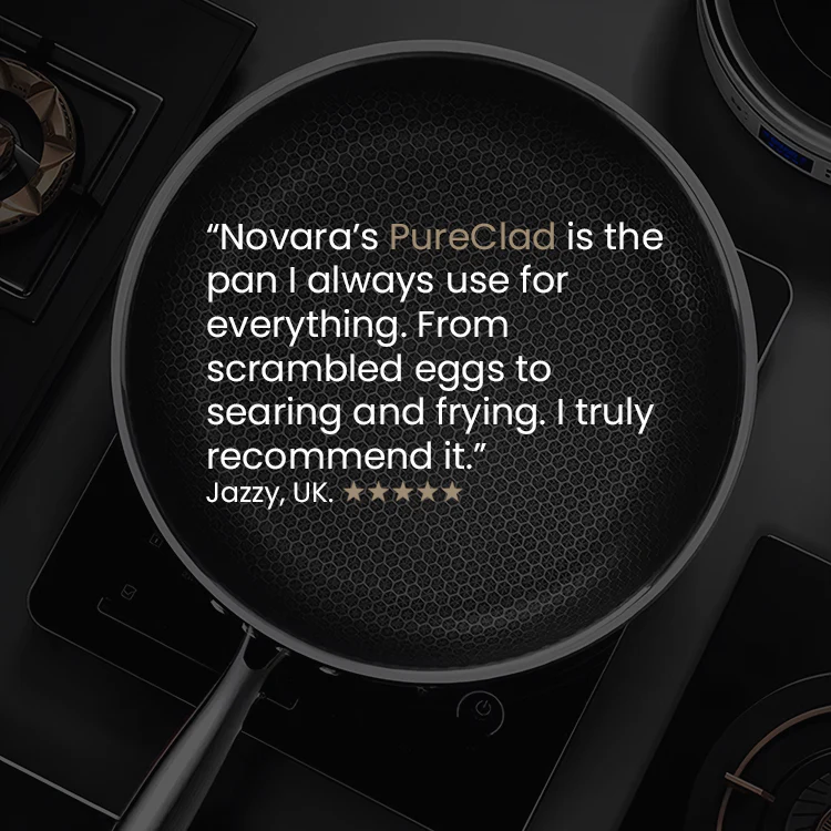 Frying pan with a positive customer review and five-star rating overlay.