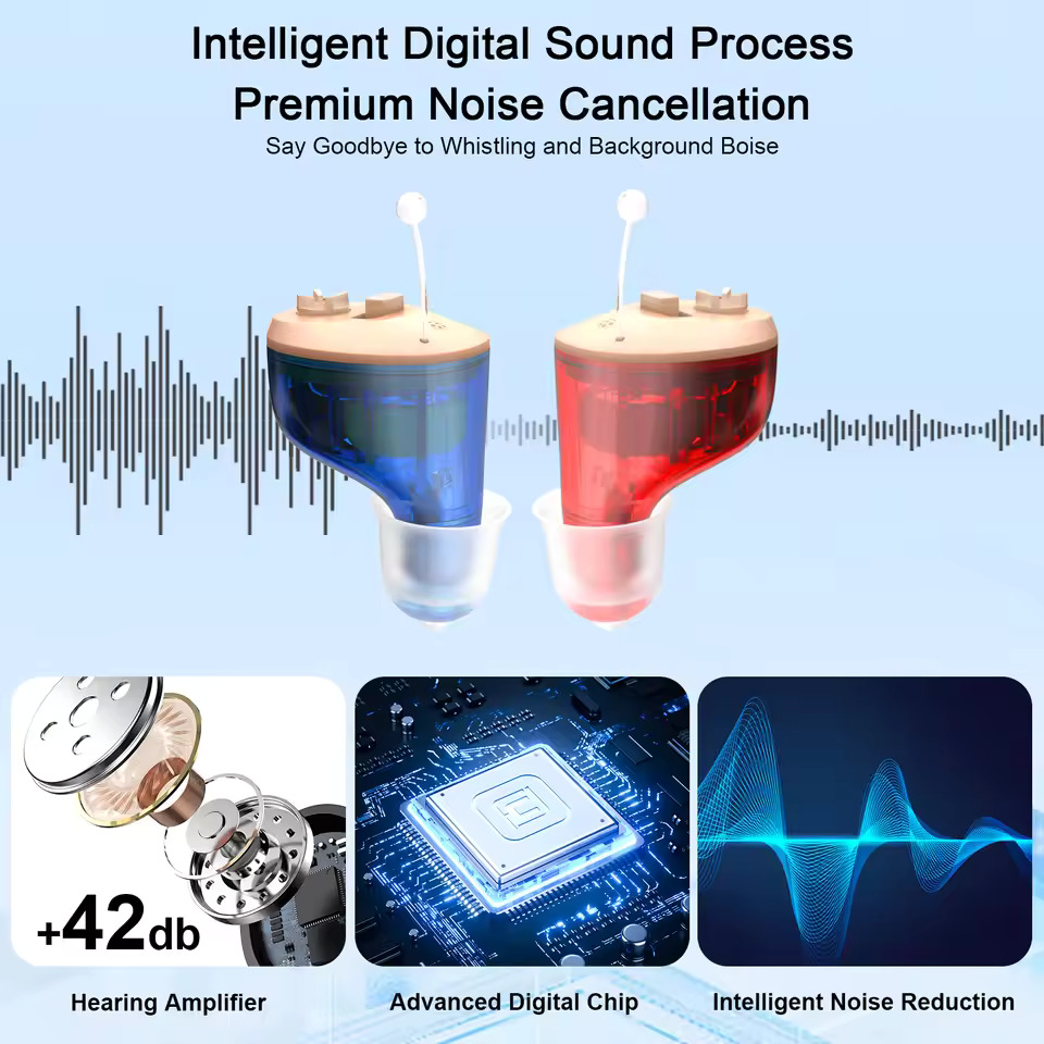 Two digital hearing aids with noise cancellation features and sound wave graphics.