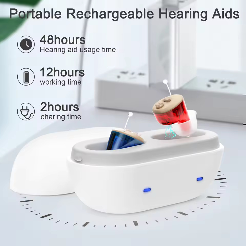 Portable rechargeable hearing aids with charging case and usage time details.