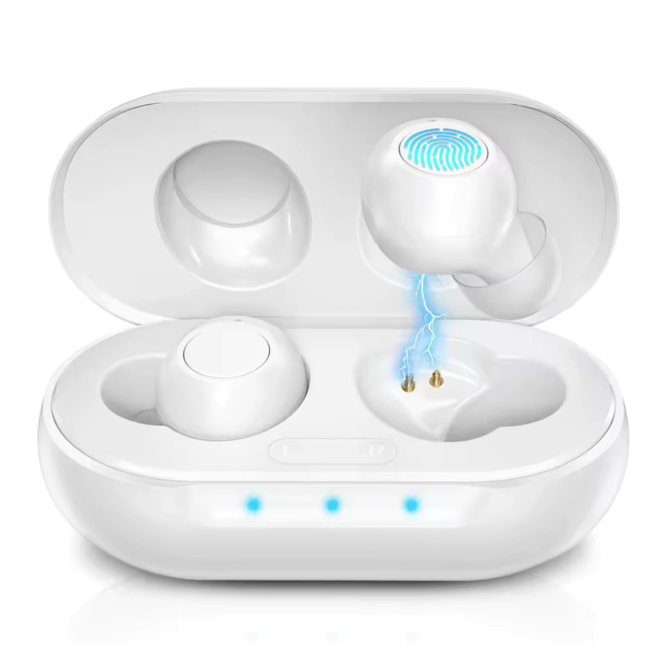 White wireless earbuds in a charging case with blue light effects.