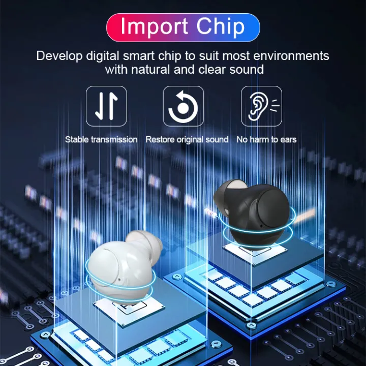 Illustration of earbuds on digital chips with text about smart chip features.