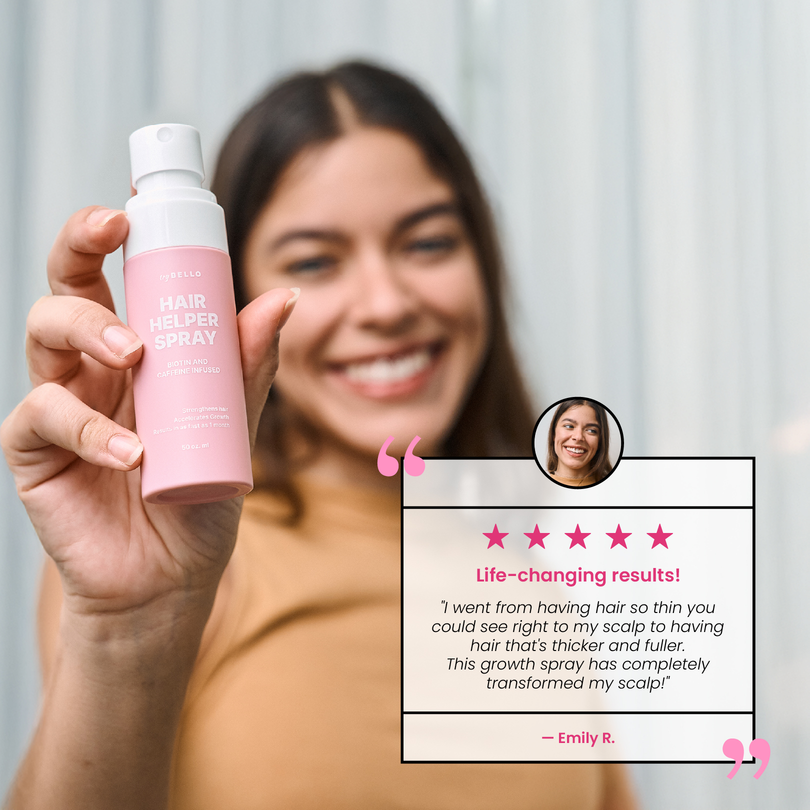 Smiling woman holding a pink bottle of hair spray with a testimonial overlay.