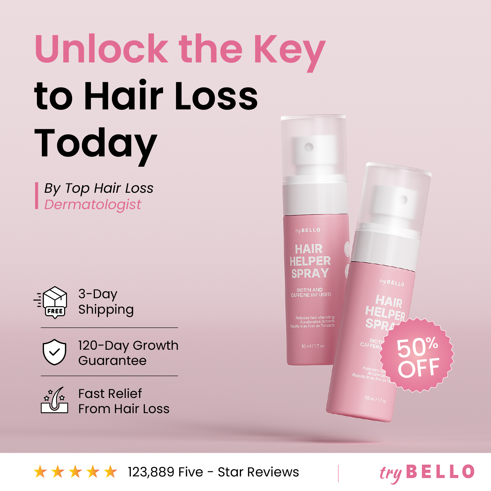 Advertisement for hair loss spray with pink bottles and promotional text.