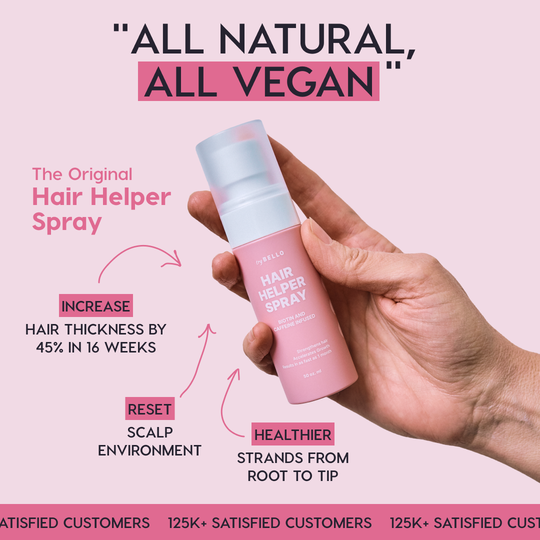 Hand holding a pink bottle of hair spray with text about benefits.