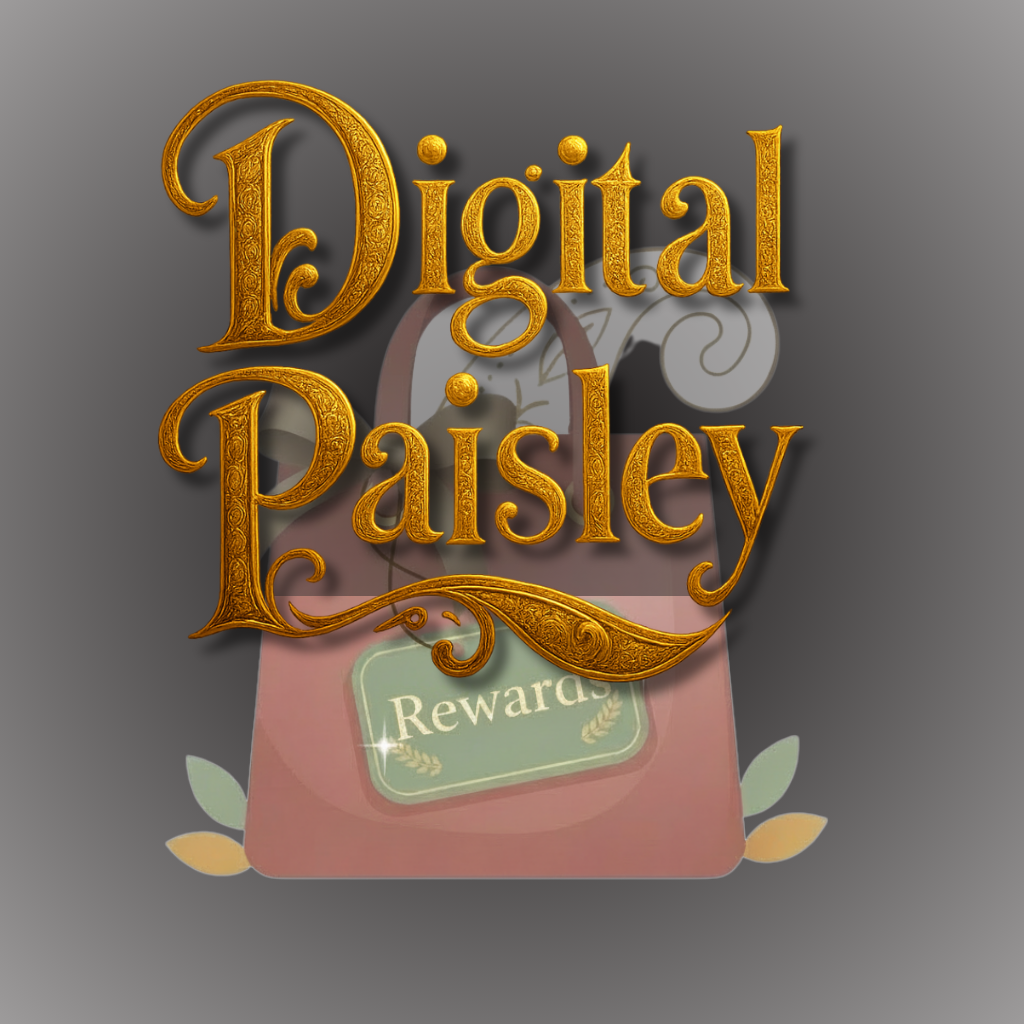 'Digital Paisley' logo with decorative golden text on a gray background.