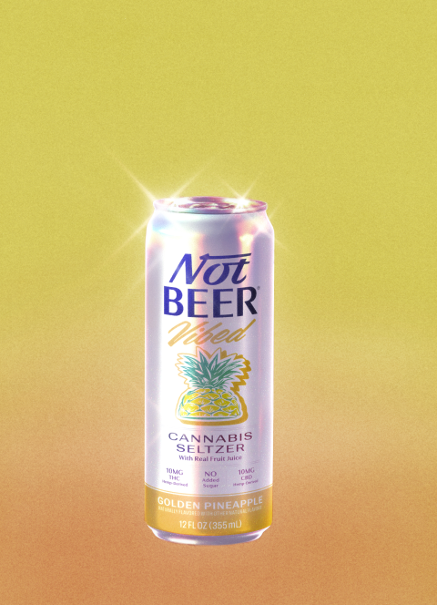 A can of cannabis seltzer labeled 'Not Beer' with a pineapple design.