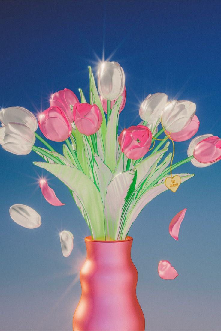 Pink and white tulips in a pink vase against a blue background.