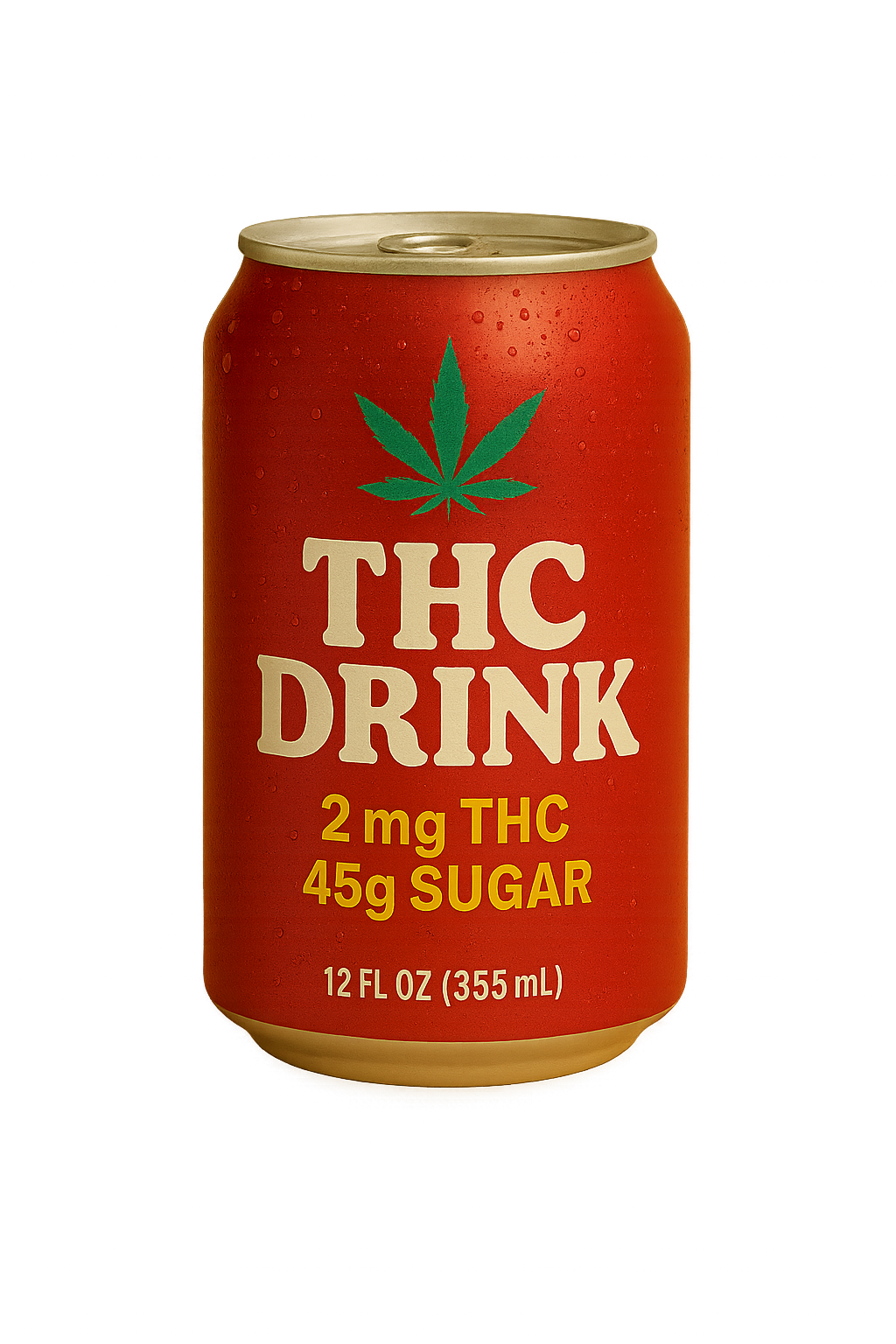 Red can labeled 'THC Drink' with cannabis leaf illustration.
