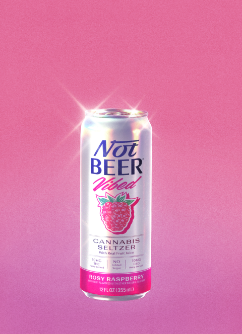 A can of Not Beer Vibes cannabis seltzer on a pink background.