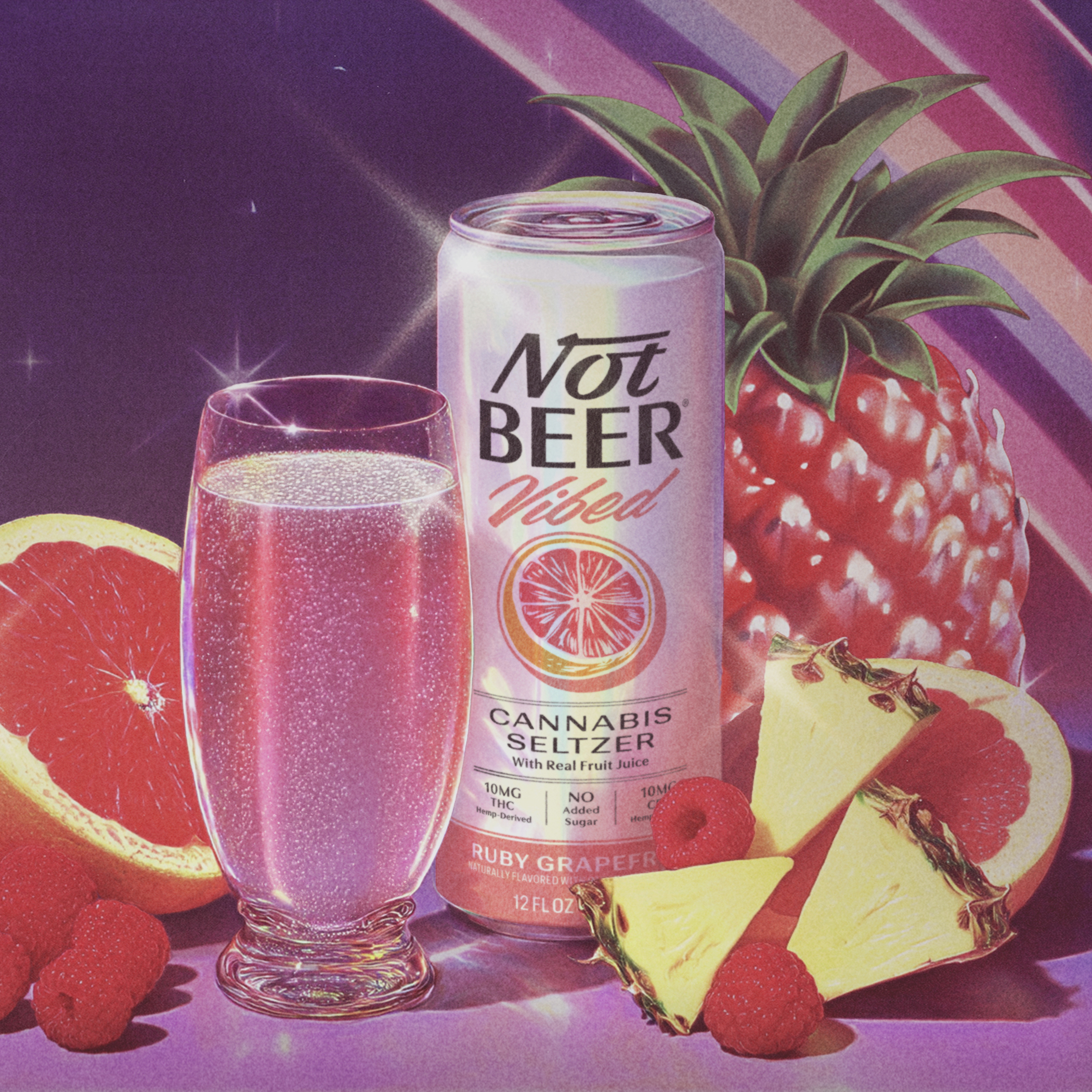 Retro car with neon lights and a can of cannabis seltzer.