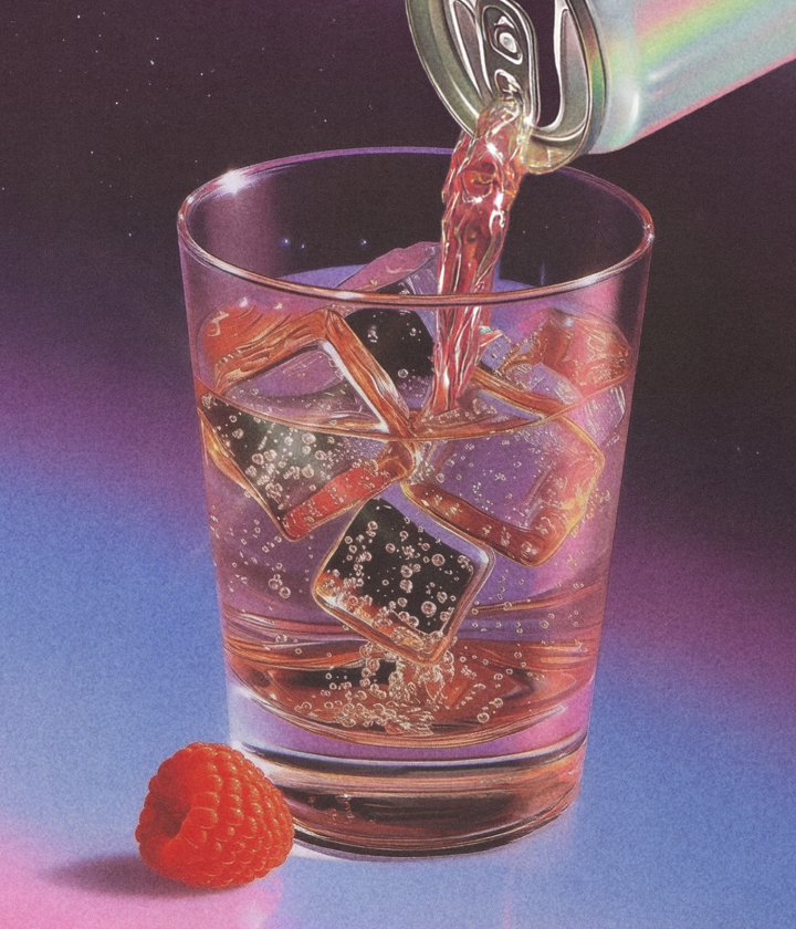 A can pouring liquid into a glass with ice, next to a raspberry.