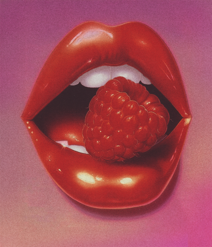 Illustration of glossy red lips holding a raspberry.