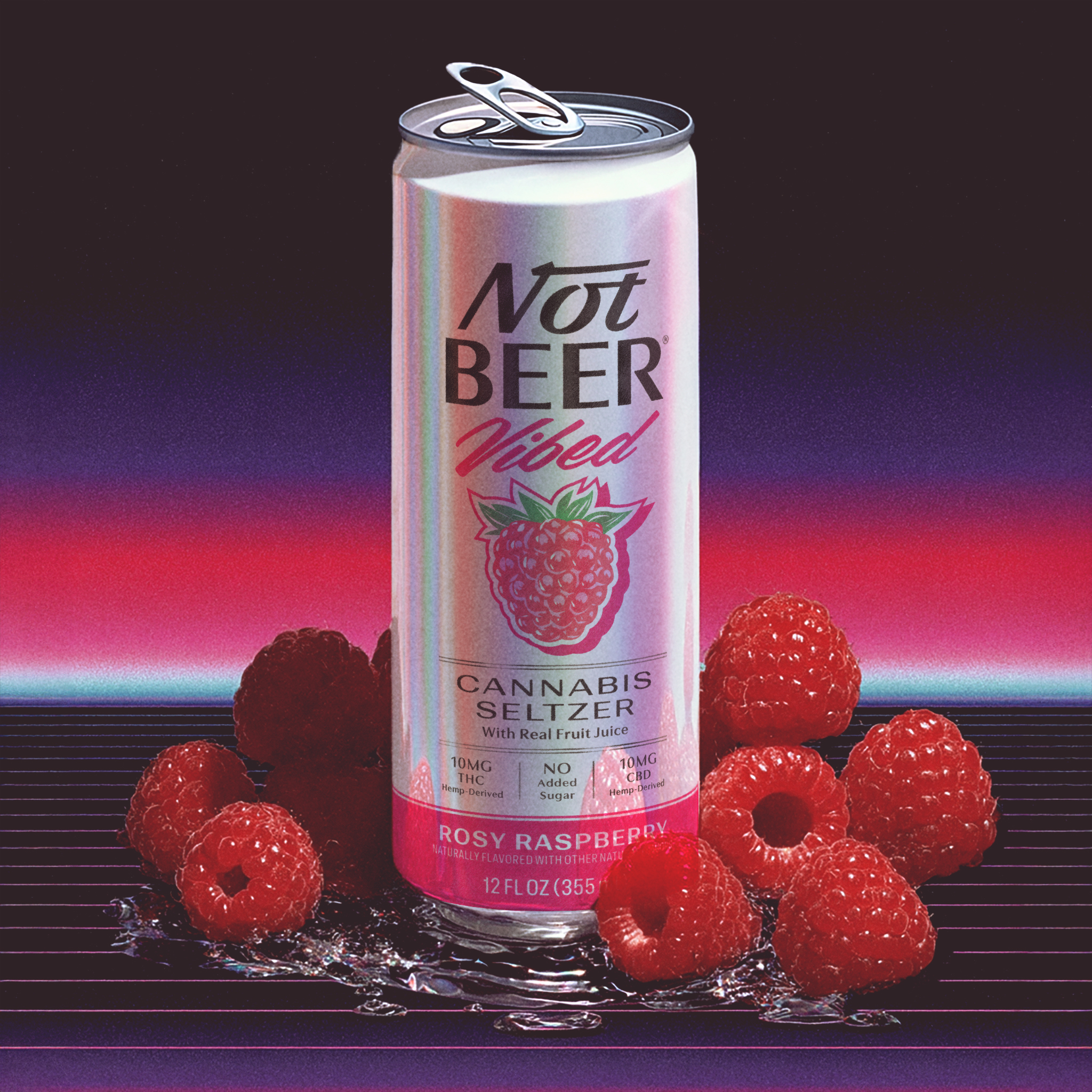 A can of cannabis seltzer with raspberries on a reflective surface.