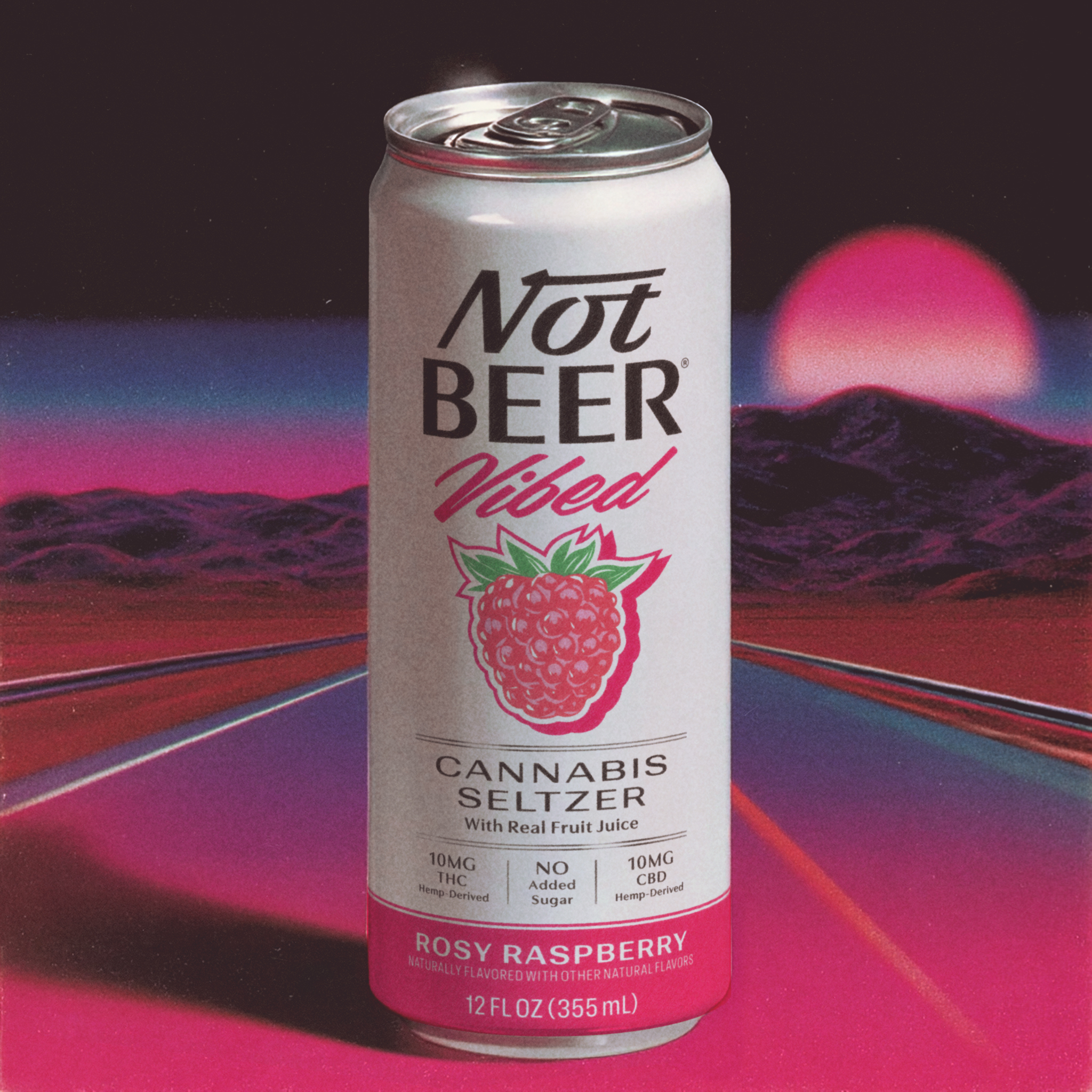 Can of 'Not Beer Vibes' cannabis seltzer with raspberry design, retro sunset background.