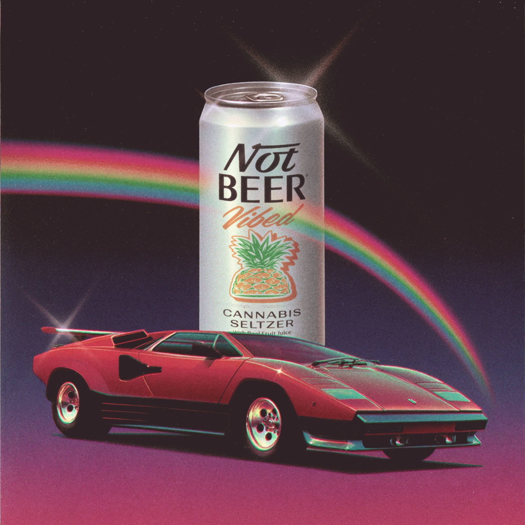 Retro car and cannabis seltzer can with rainbow background.