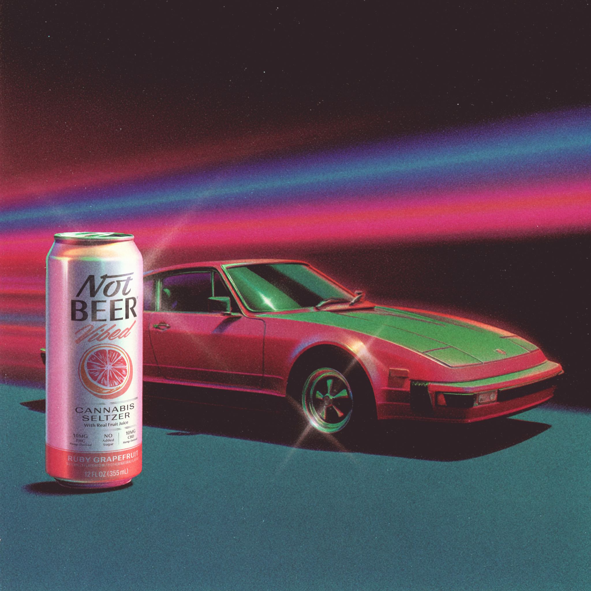 Retro car with neon lights and a can of cannabis seltzer.