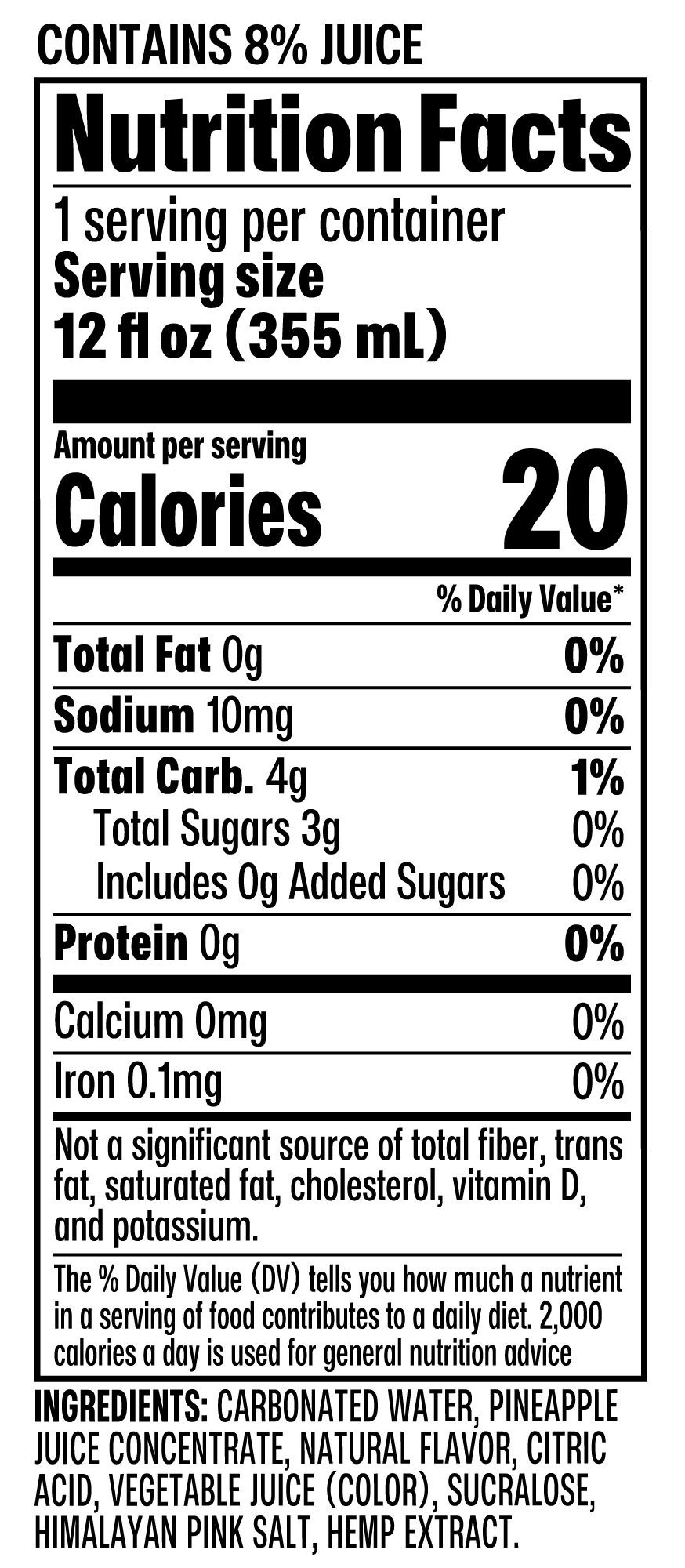 Nutrition facts label for a beverage with 20 calories per serving.