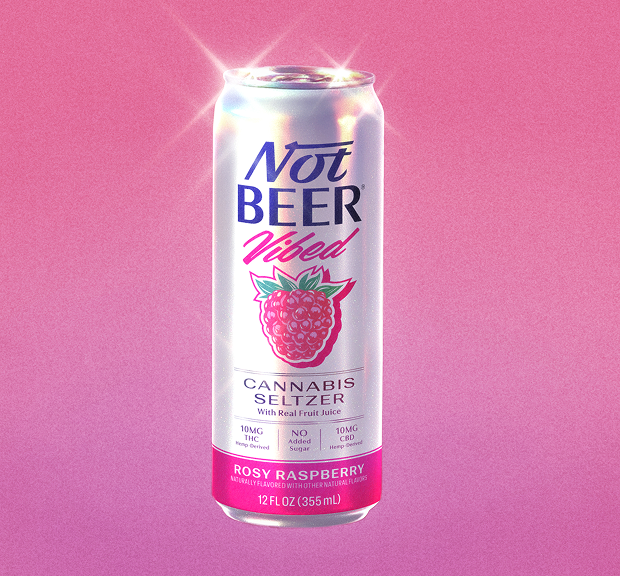 A can of Not Beer Vibes cannabis seltzer on a pink background.
