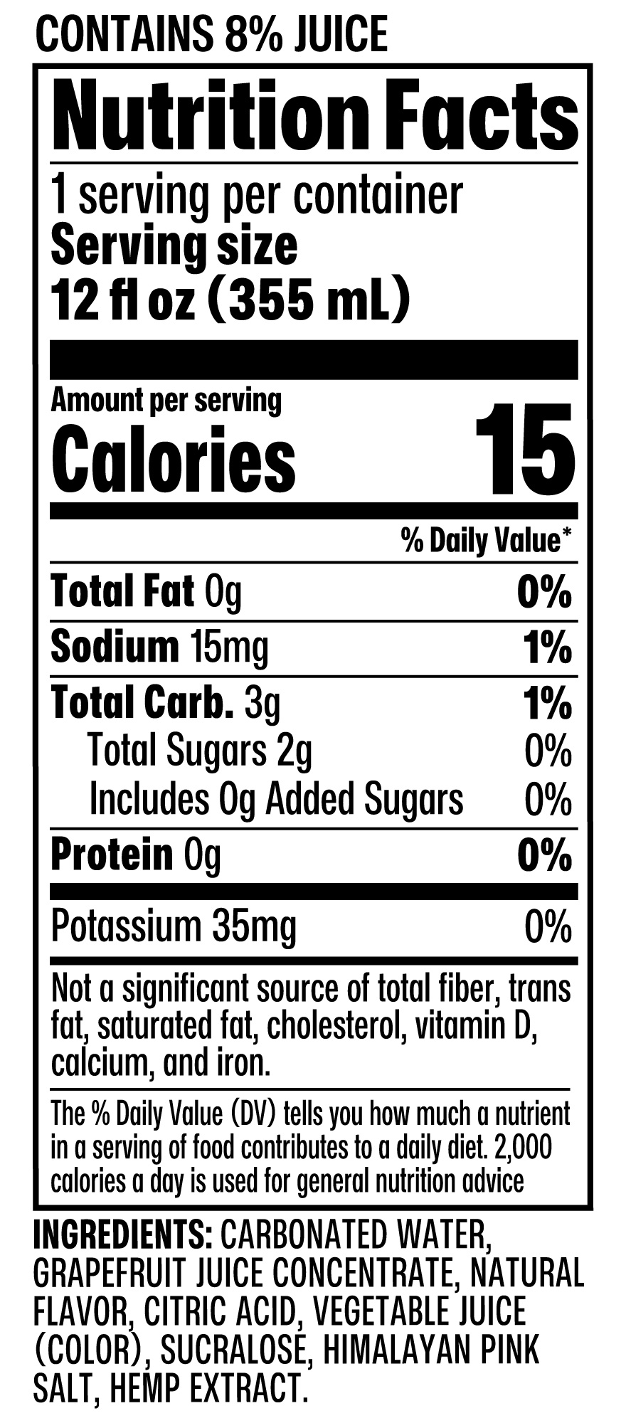 Nutrition facts label for a beverage, showing calories, ingredients, and daily values.