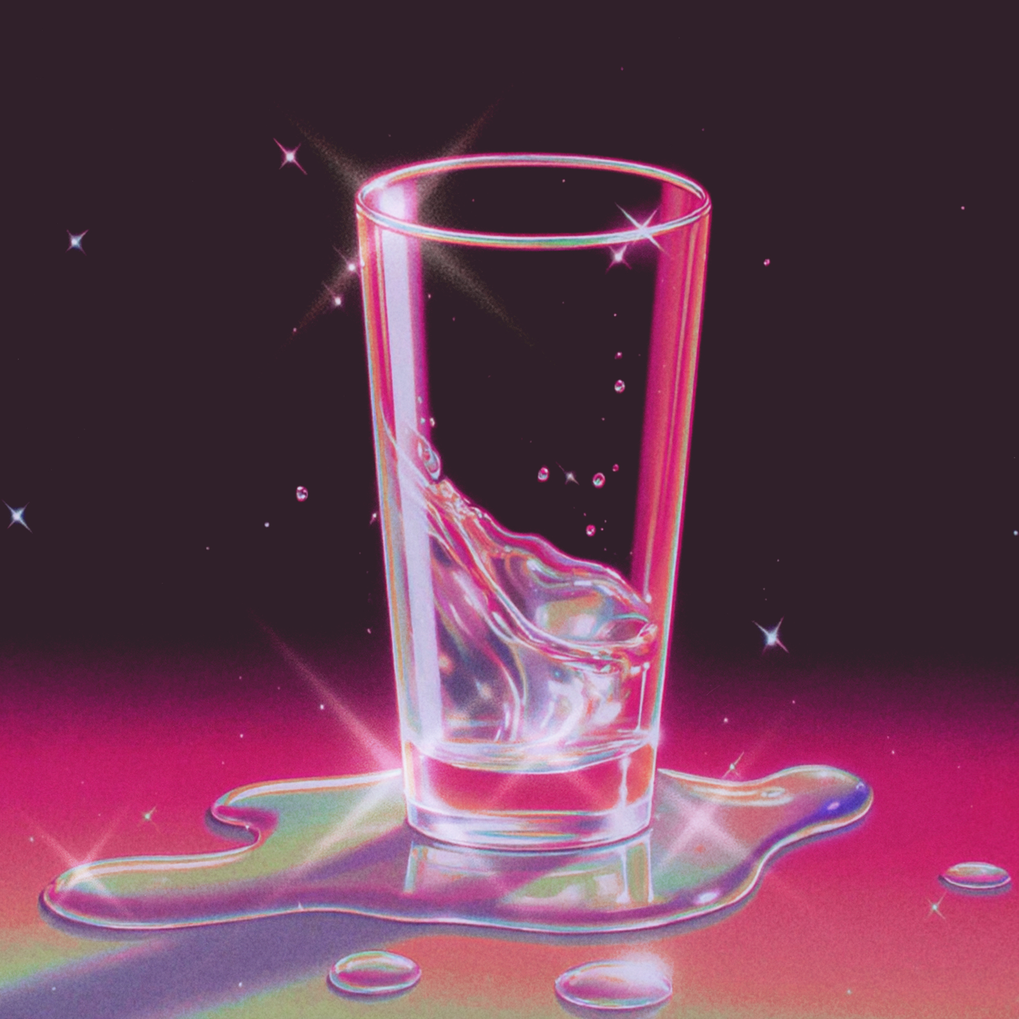 Glass of water with splash, neon colors, and reflections.