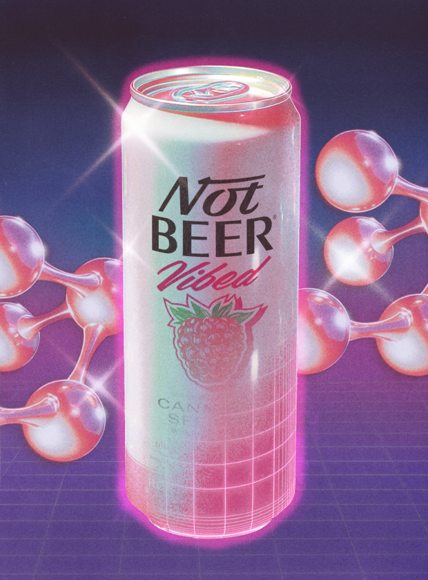 A can labeled 'Not Beer Vibes' with a raspberry design, surrounded by abstract shapes.