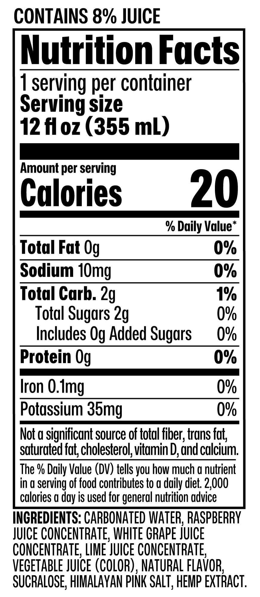 Nutrition facts label for a beverage with 20 calories per serving.