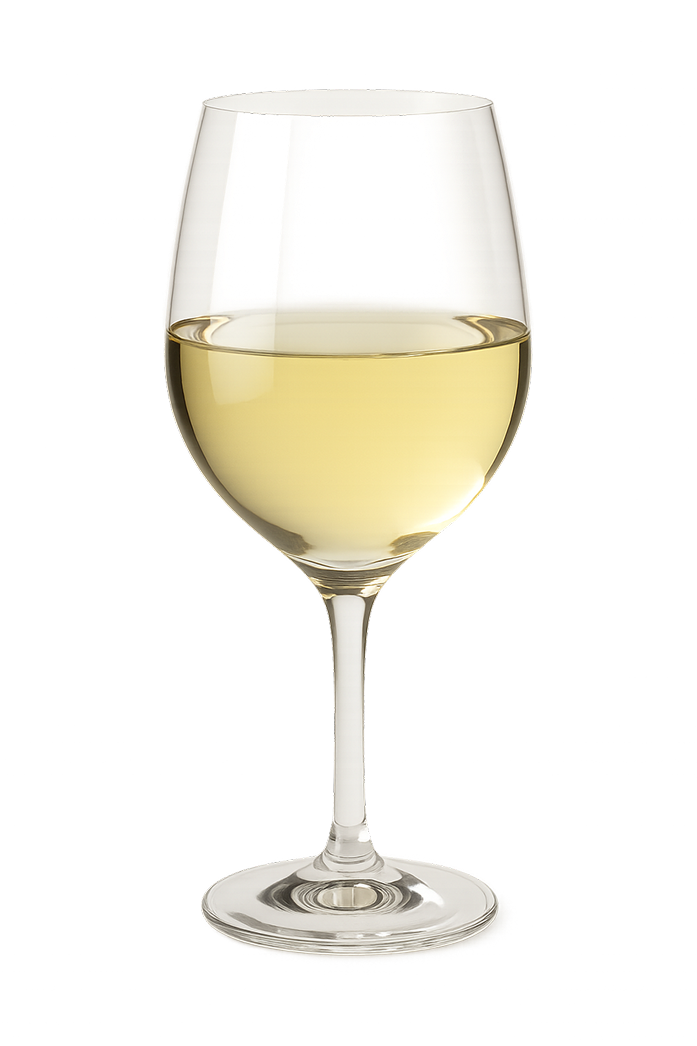A glass filled with white wine.