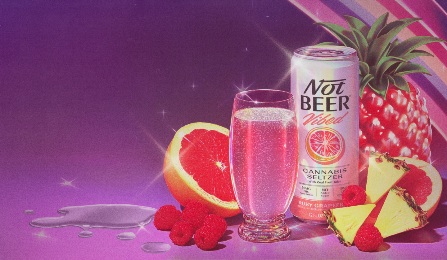 Can of cannabis seltzer with grapefruit, raspberries, pineapple, and a glass on a purple background.