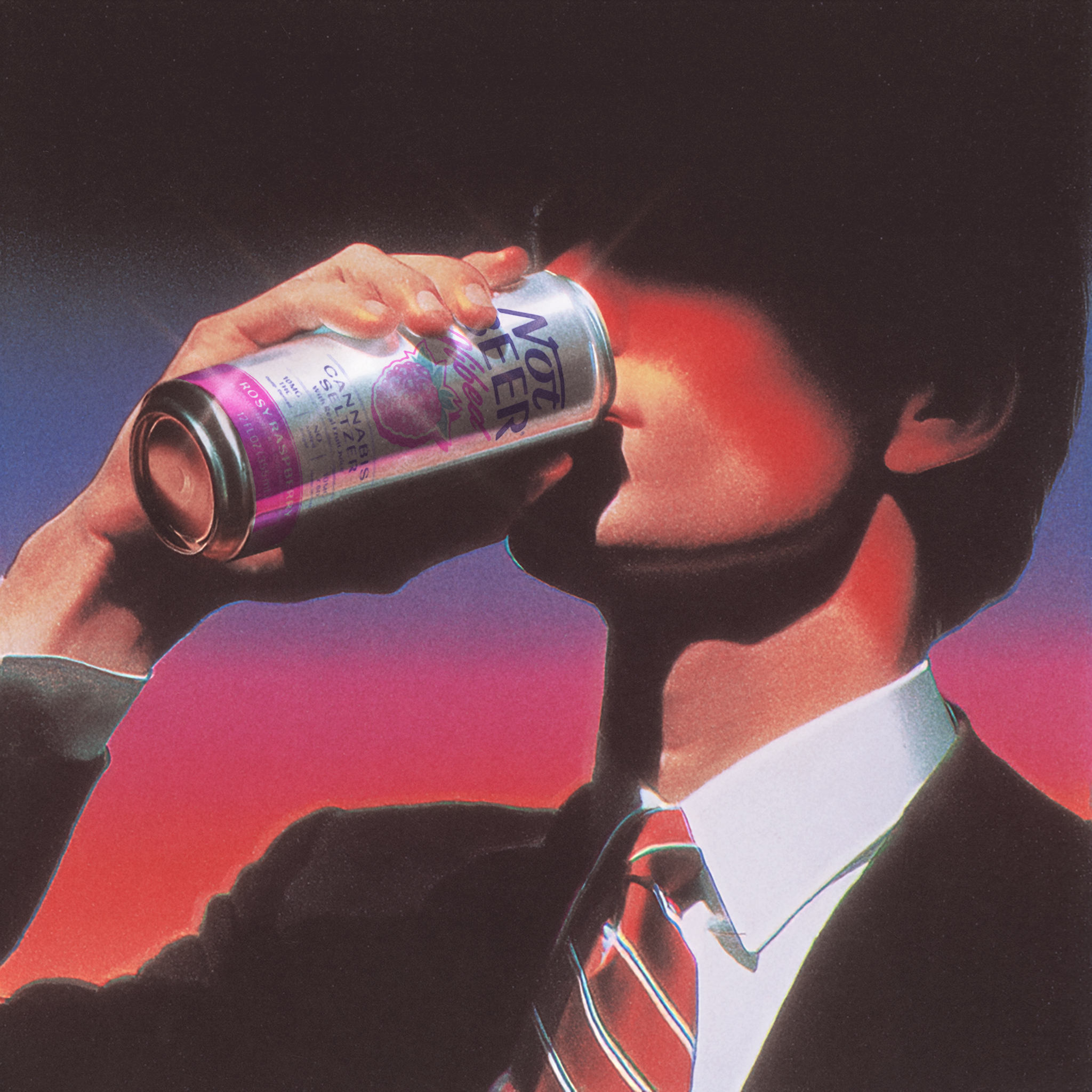 Person in suit drinking from a can against a colorful gradient background.