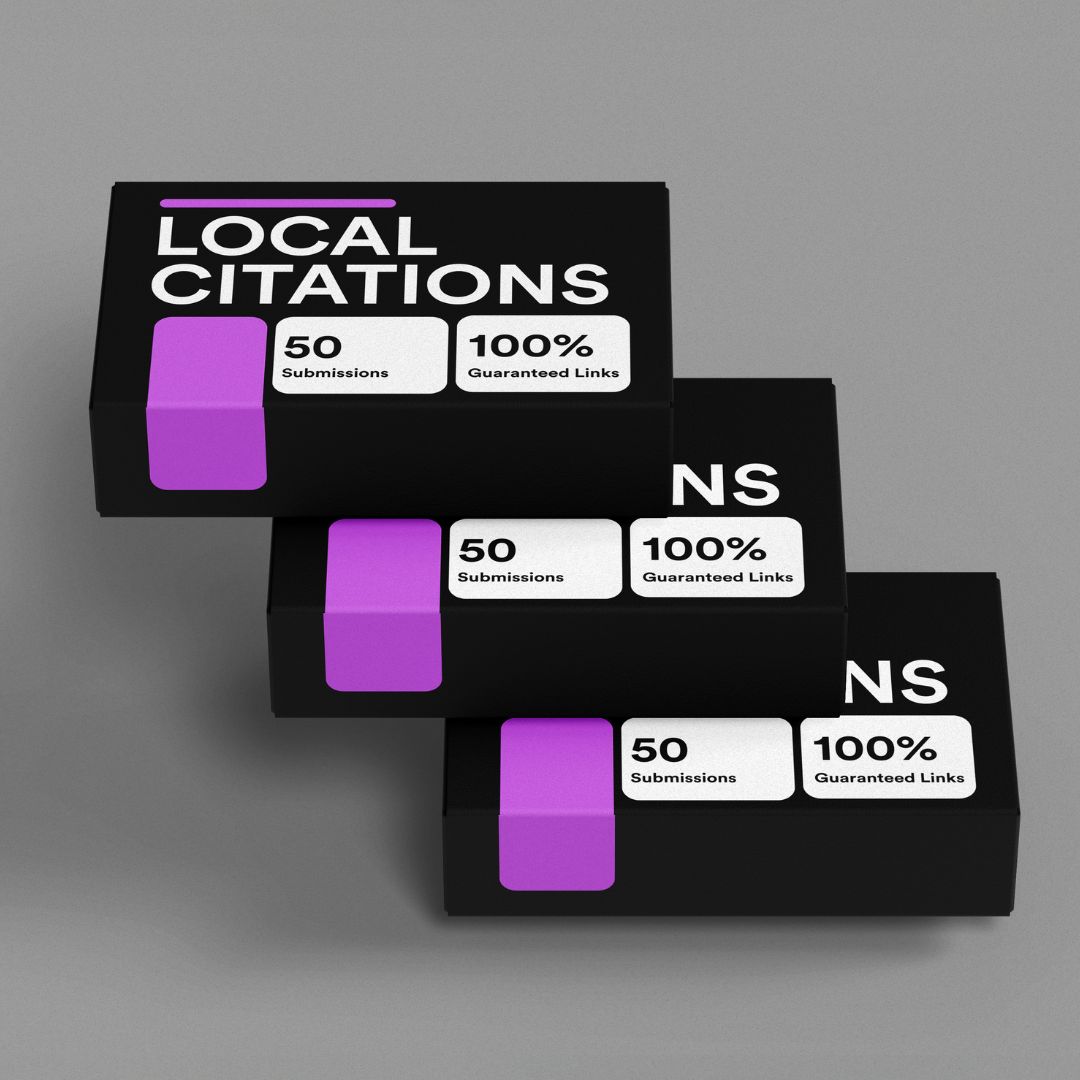 Three black boxes labeled 'Local Citations' with purple accents and text about submissions and links.