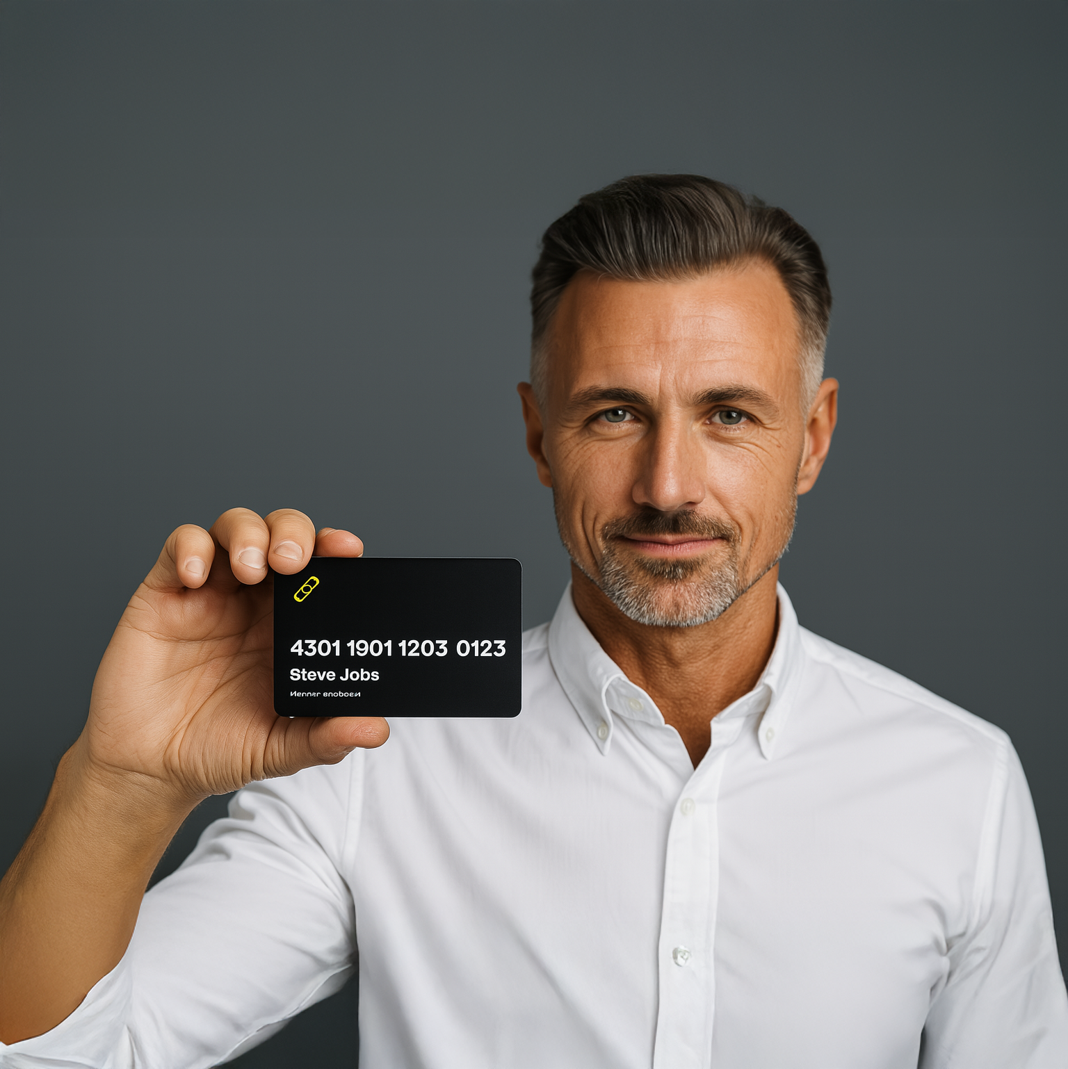 Smiling person holding a yellow pill or supplement.