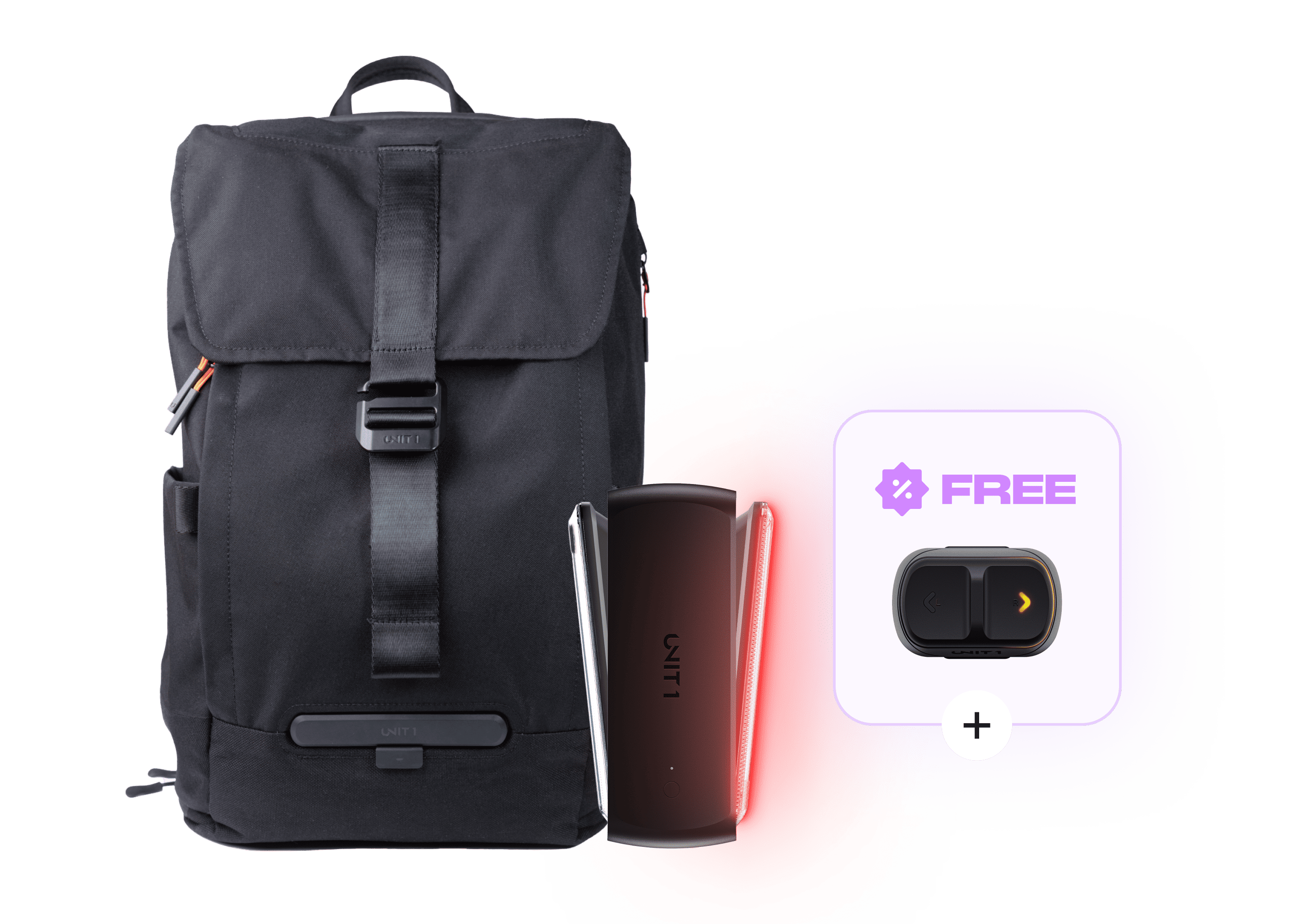 Black backpack with a clip, a handlebar device, and a free accessory offer.
