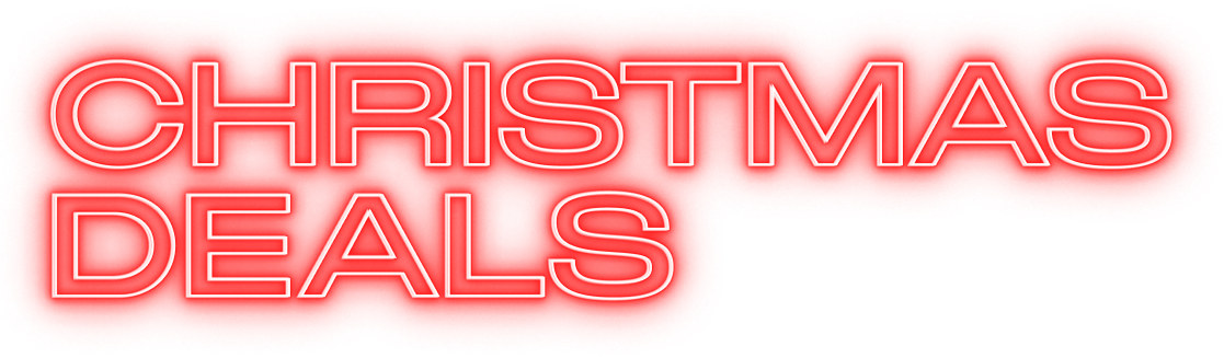 Text 'CHRISTMAS DEALS' in bold, white letters on a red background.