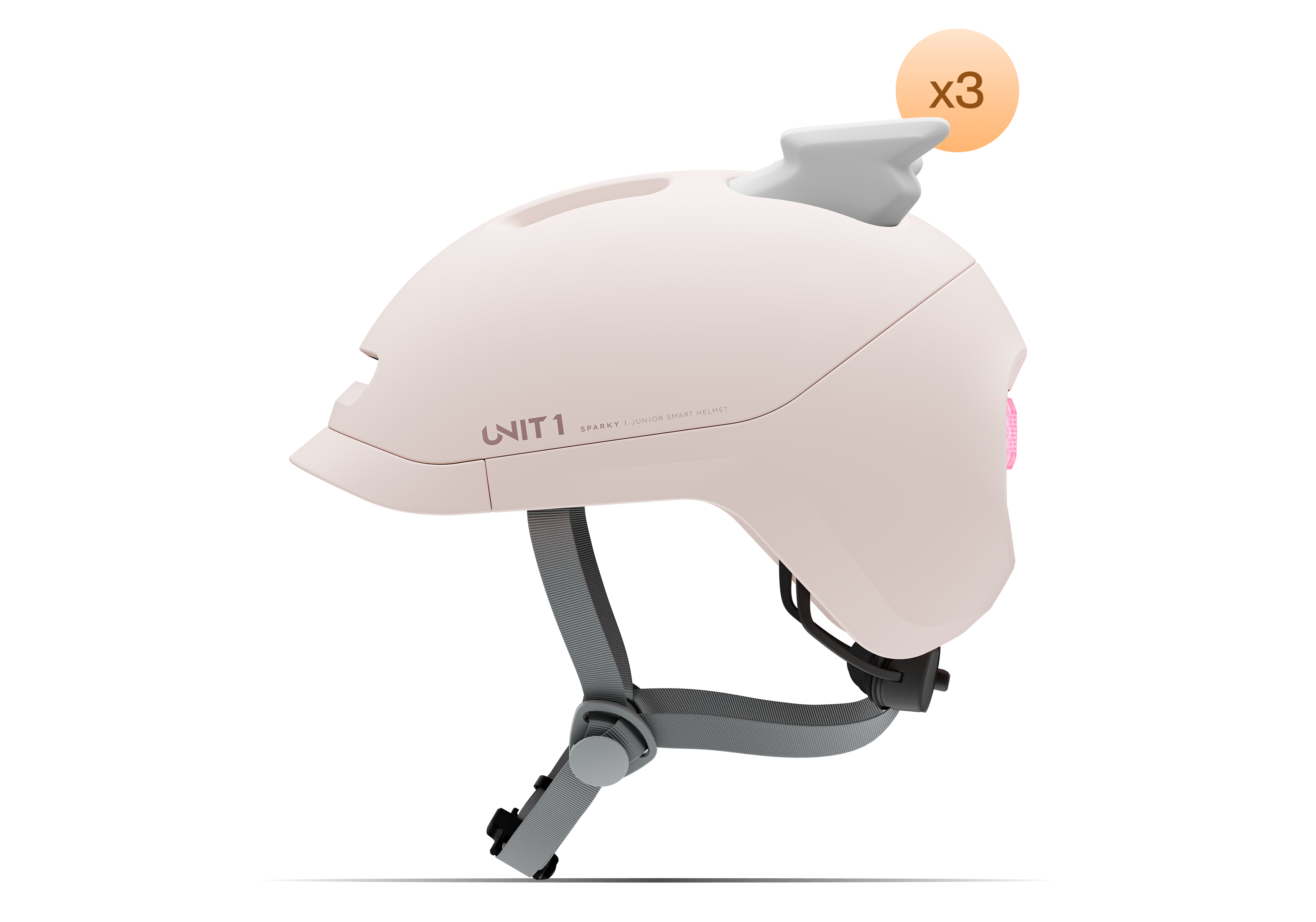 Side view of a white helmet with a gray strap and a small fin on top.