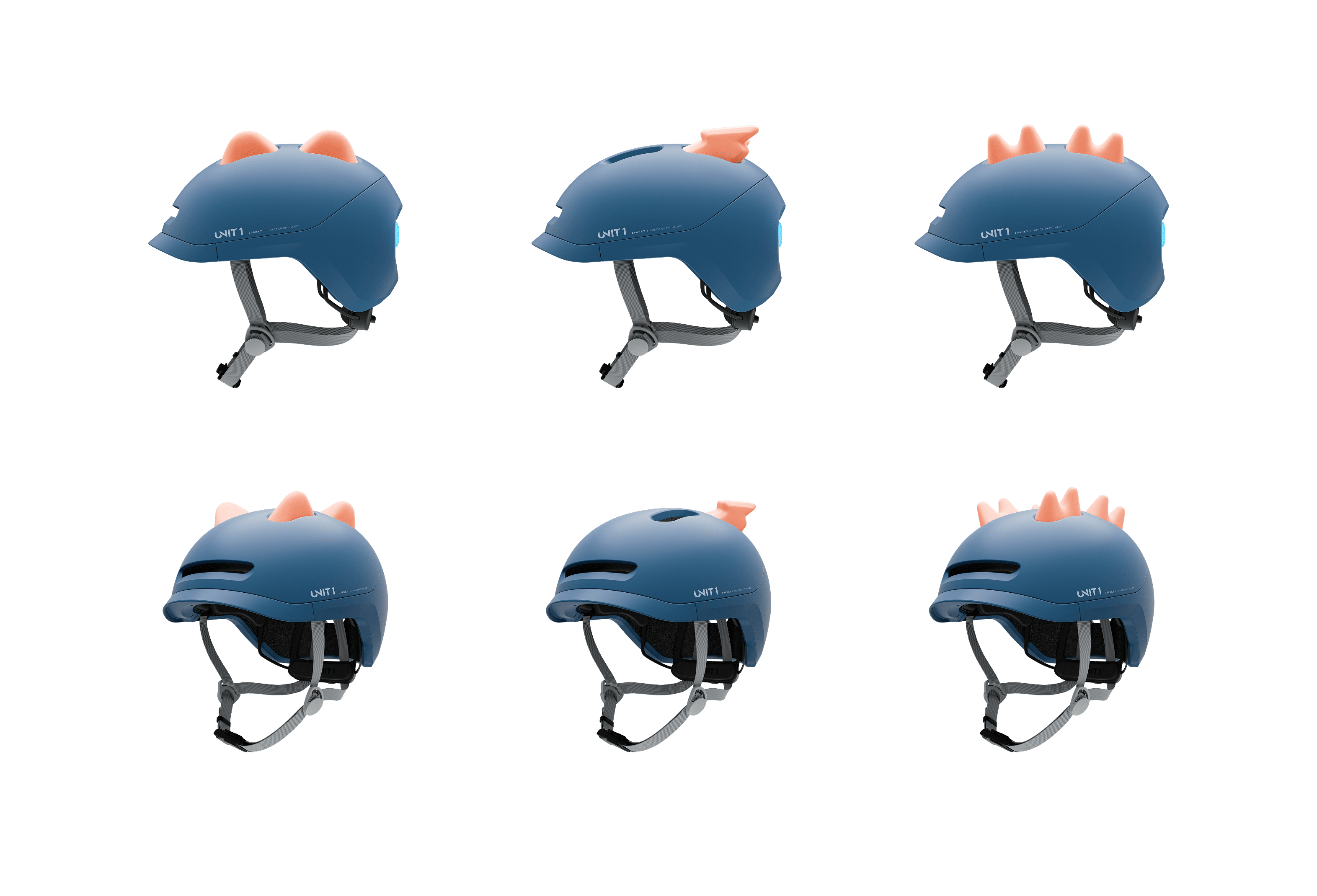 Five helmets in black, blue, light blue, white, and green colors.